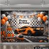 Two-dimensional plane super sports car theme birthday background fabric including orange racing car checkered cake