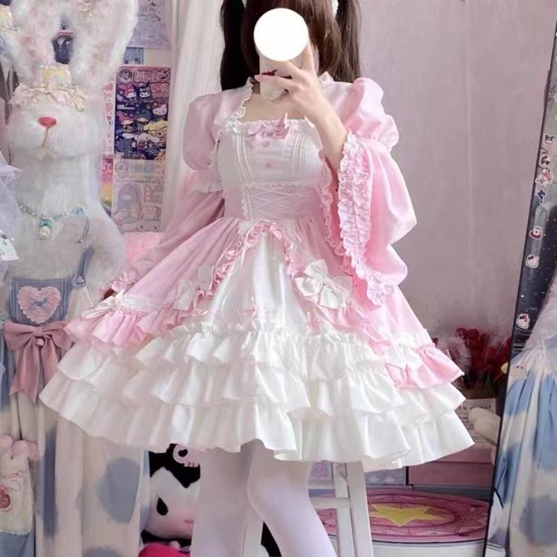 Vintage Lolita Dress Women Gothic Y2k Puff Short Sleeve Laminated Flounces Mini Dresses Bow Ruffles Princess Vestidos