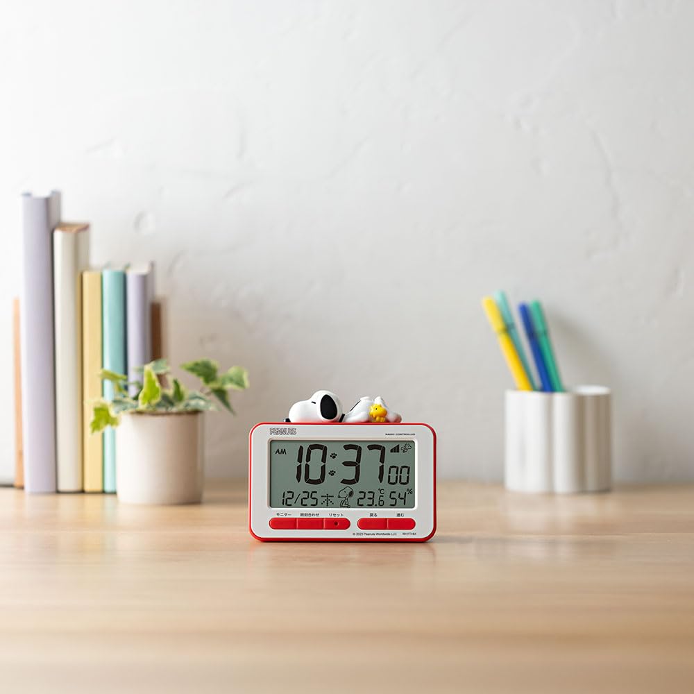 RHYTHM Будильник Snoopy, цифровые радиочасы, 3D-фигурка, электронный звуковой будильник, термометр, гигрометр, календарь, красный x 12 x 8RZ235MS01 (Включен повтор)