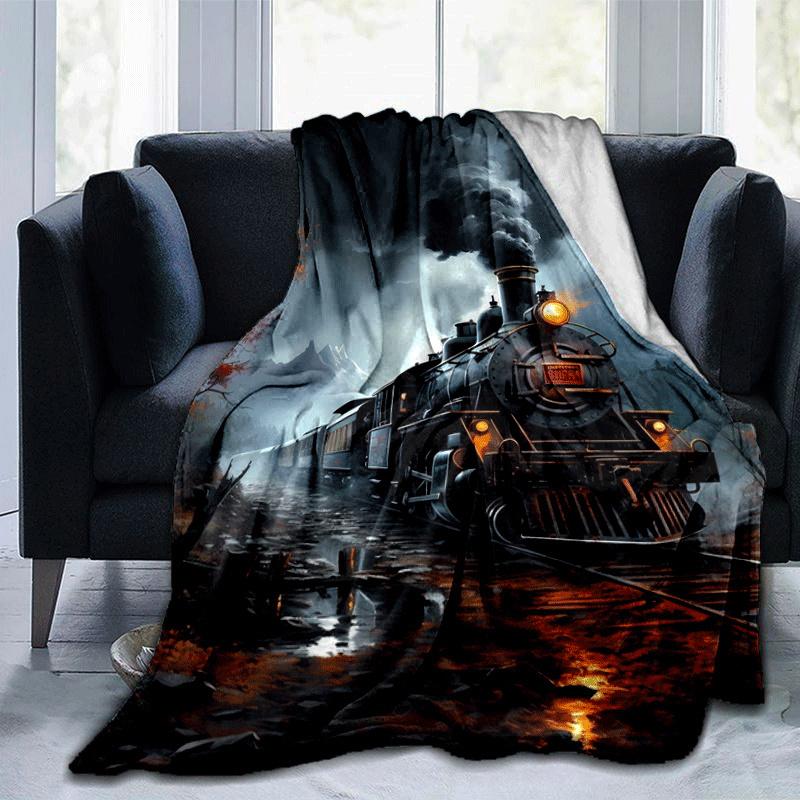 1pc Train Printing Lightweight Flannel Blanket, Comfortable and Warm Blanket, for Camping Sofa Bed and Couch Office, Suitable for Gift Blanke