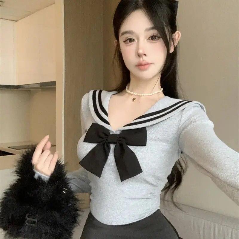 Sailor Collar Short T-shirts Women Bow Striped Long Sleeve Irregular Slim Tops Spring Autumn Japanese Style Sweet Cute Fashion