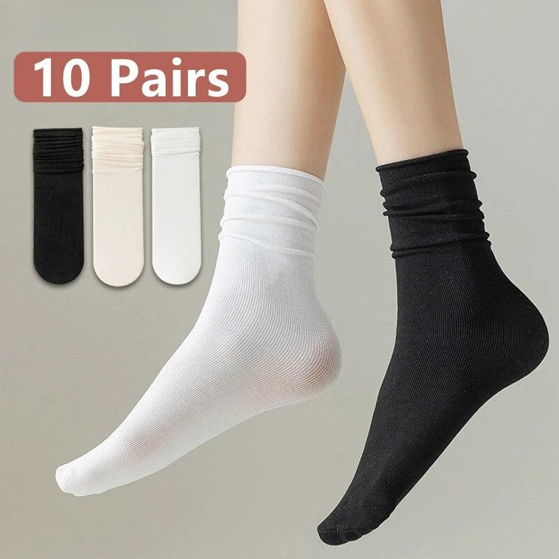 5/10 Pairs Thin Ice Silk Women's Long Tube Socks Summer Cool Mid Calf Socks Black and White Ice Ice Socks Pile Pile Ladies' Socks