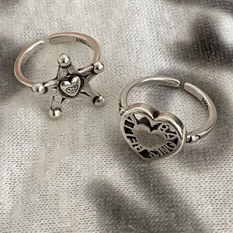 Vintage Heart Pentagram Open Ring for Women Sweet Cool Old Made Hollow Love Star Personality Finger Accessories Fashion Jewelry