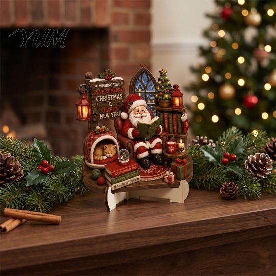 Decorative Wooden Holiday Signs 2D Christmas Castle Tabletop Ornament, Santa Scene Bookshelf Decoration Festive Fireplace Table Decor with Stand, Gift