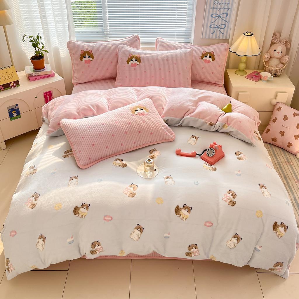 Thickened Milk Fleece Bed Four-Piece Bed Cover Cartoon Towel Embroidered Bed Sheet Quilt Cover Plush Bedding