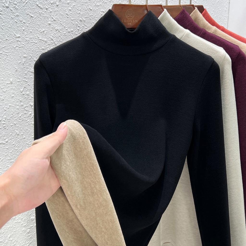 Autumn and Winter Women's Clothing Containing Wool and Silk Bottoming Shirt Women's Inner Heating Fleece Warm Turtleneck Top with Fleece and Thicker