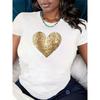 Женская футболка с блестящим золотым пайеточным принтом в виде сердца - Белый и синий повседневный топ в винтажном стиле с блестками