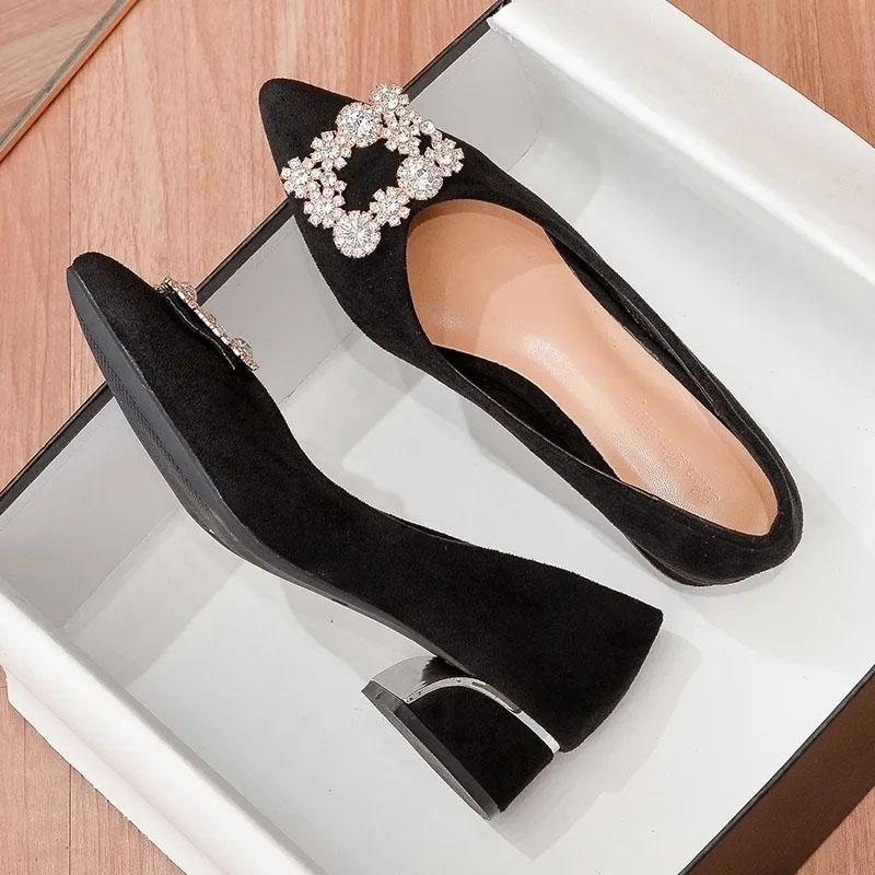 Rhinestone Suede Thick Heel Shoes Spring and Autumn Versatile Pointy Shallow Flat French Black Work Shoes