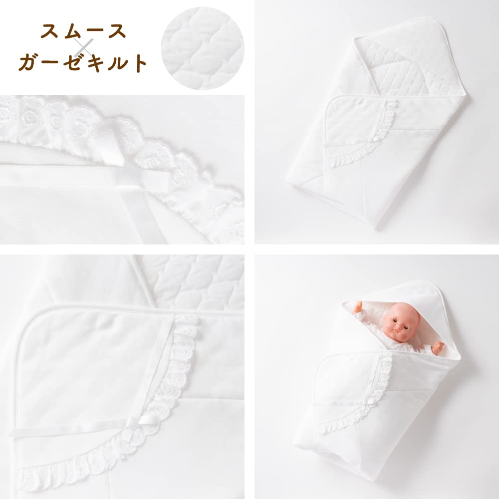 De Rose Lace Ribbon Smooth Baby Afghan Swaddle Throw Newborn Made In Japan 85 X 85 Cm [Creme Coco] [Formal/Ceremony] (Off White)