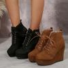 Модные танкетки Высокие каблуки с носком По щиколотку Женские Ретро Замшевые На шнуровке Осенняя обувь Повседневные Однотонные На платформе Модные Гладиаторские Ботильоны Туфли