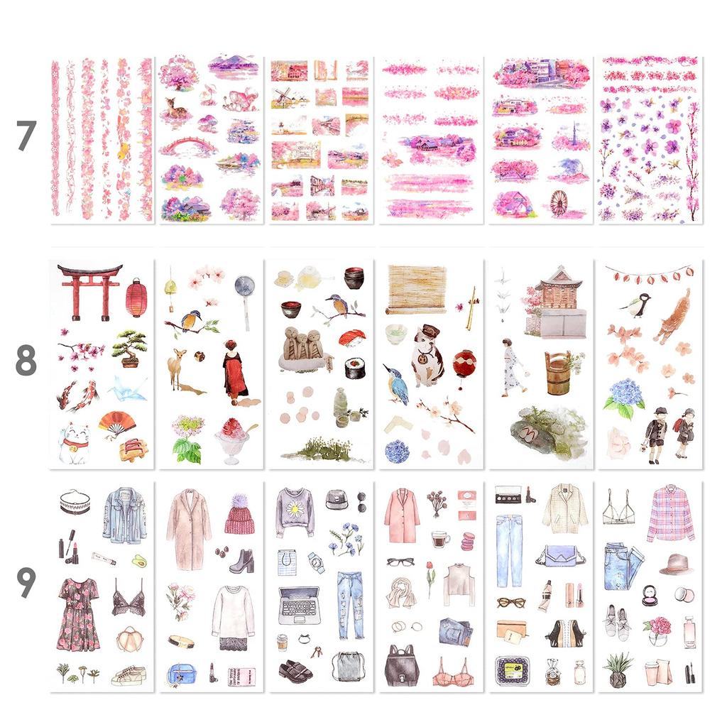Декоративный набор наклеек для взрослых, дизайны 72 листа, 12 тем, японские бумажные наклейки, различные декоративные наклейки, самоклеящиеся наклейки, граффити-патчи