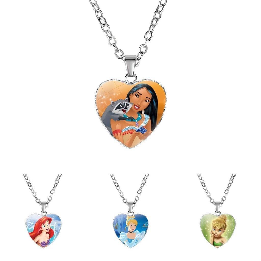 Elegant Glass Frozen Elsa Princess Heart Pendant Children's Necklace Snow White Mermaid Jewelry
