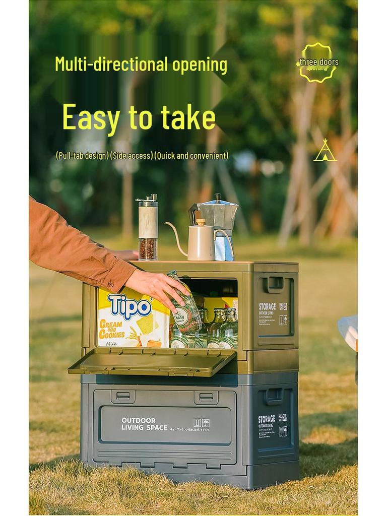 Folding Camping Storage Box with Wooden Lid - Outdoor Picnic & Car Trunk Organizer