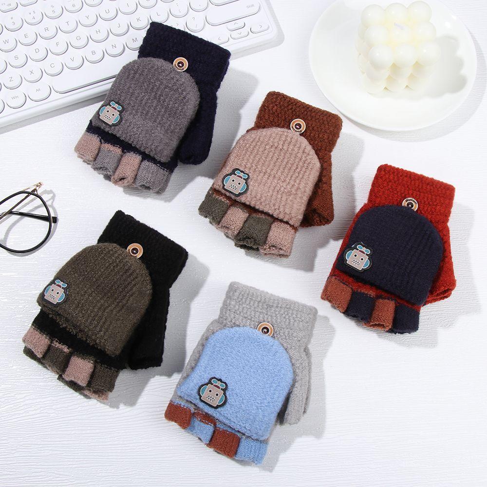 Fashion Flipped Cover Knitted Glove Thickening Gloves Half-finger Gloves Winter Warm Mittens
