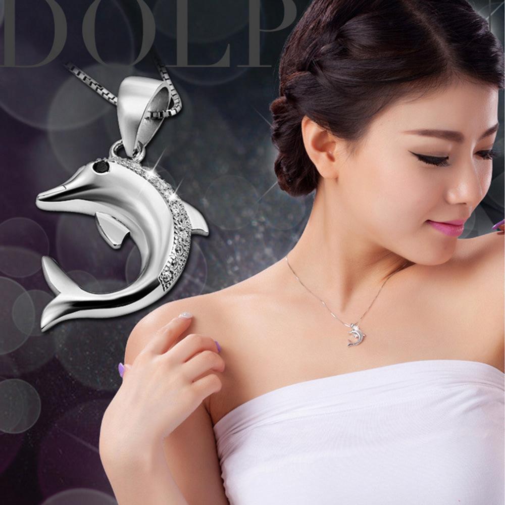 925 Sterling Silver Temperament Cute Dolphin Zircon Pendant Necklace, Birthday Party Anniversary Gift, Ladies Jewelry