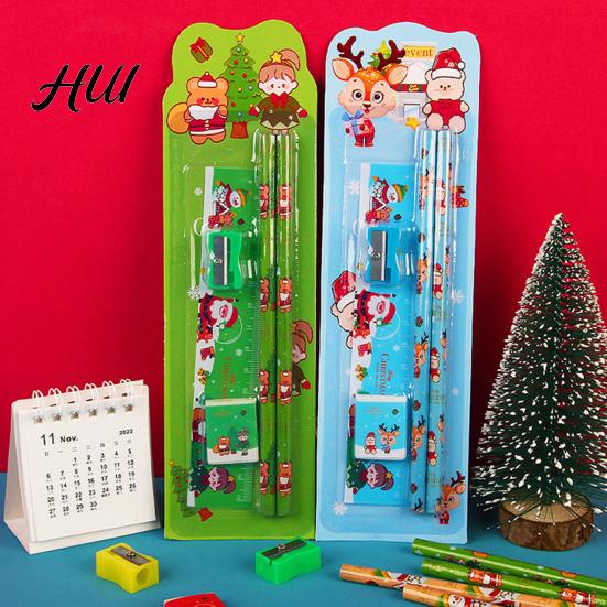 Christmas Stocking Stuffer Themed Pencil Set Santa Snowman Elk with Sharpener And Stationery Eraser Kids' Drawing Supplies for Holiday Gifts