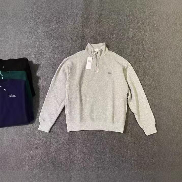 Мужской осенний хлопковый свитшот на молнии до середины груди однотонный с вышивкой логотипа рыбы со стойкой