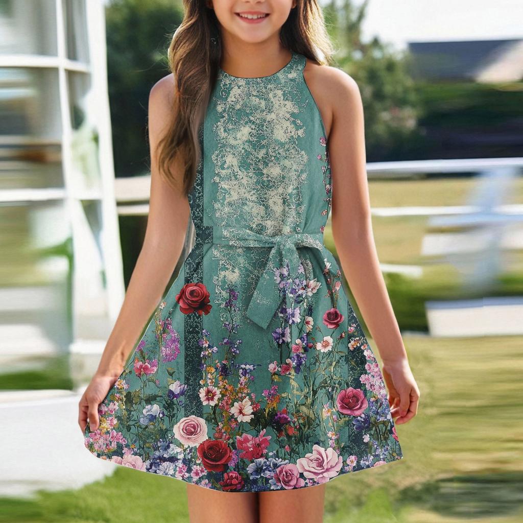 Летнее платье для девочек Платье без рукавов на бретельках Однотонное платье без рукавов с принтом Повседневное платье