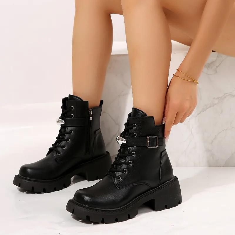 Модная женская обувь 2024 Высокое качество Боковая молния Женские ботинки Модная пряжка-ремень Современные ботинки Женские Новые ботильоны со шнуровкой спереди