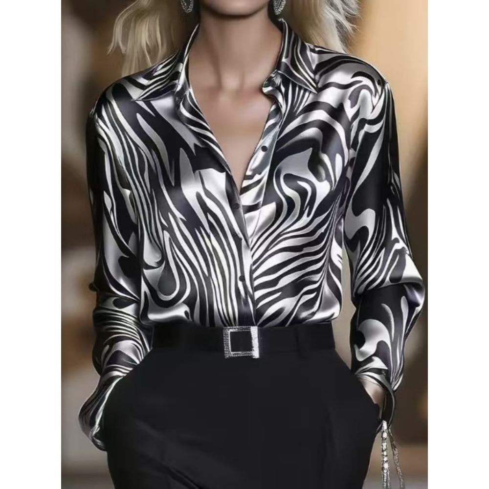 Women’s Slim-Fit Long-Sleeved Niche Zebra-Print Satin Shirt for Autumn Commuting