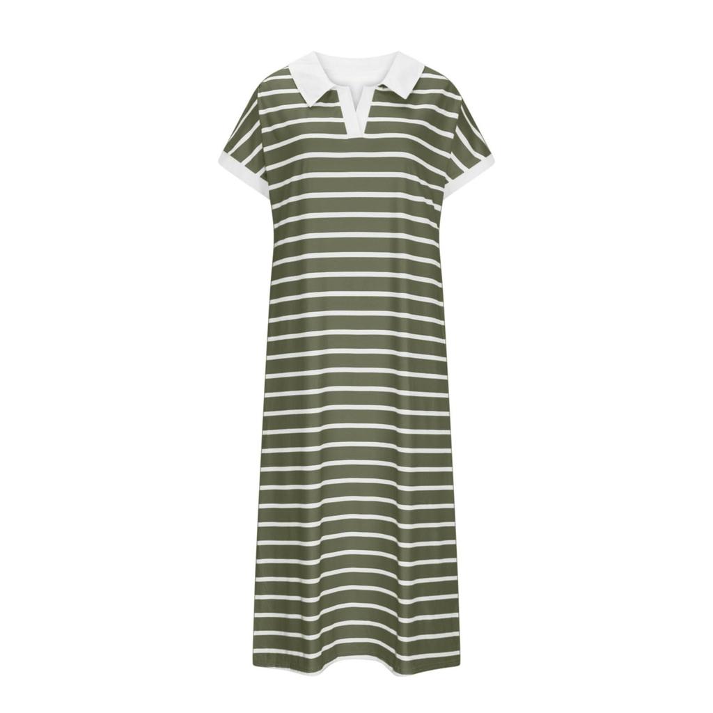 Women's Fashion V-Neck Striped Low Split Lapel Long Sleeveless Casual Dresses