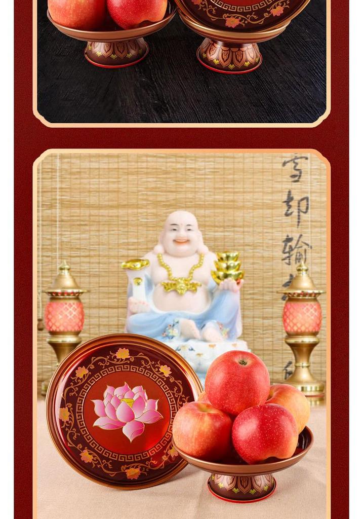 Fruit Offering Plate for Buddha, Deity Altar Plate with Alloy Lotus Flower, God of Wealth, Guanyin Bodhisattva.
