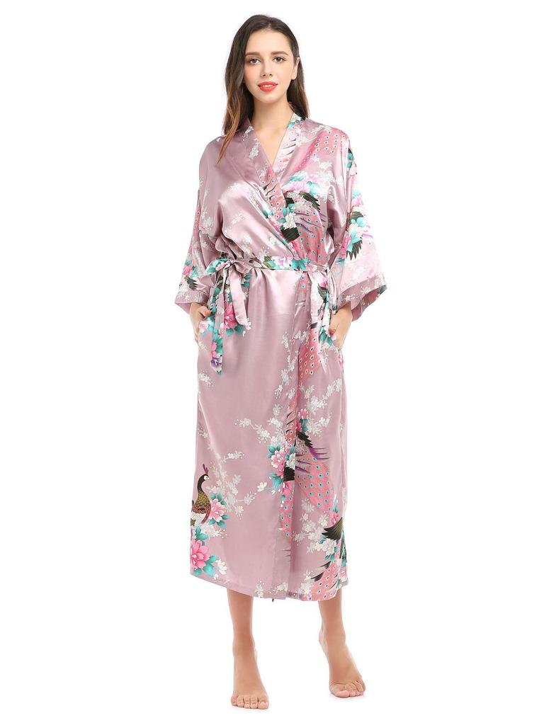 Длинный летний кардиган-пижама с принтом павлина и карманами