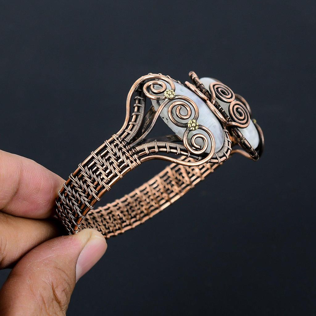 Необычные радужные лунные камни, драгоценные камни, чистая медная проволока, манжеты/браслет ручной работы, регулируемые ювелирные изделия