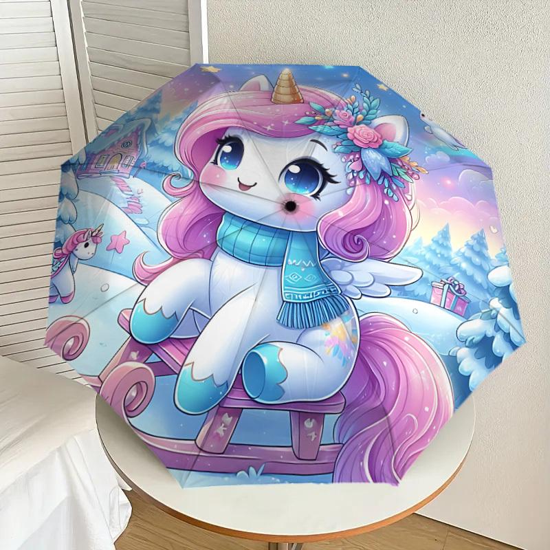 1PC Unicorn Winter Automatic Open/Close Umbrella with Windproof, 8-Rib Sturdy Canopy, Durable Ribs, Fashionable Design, Outdoor Accessory, Fun Prin, H