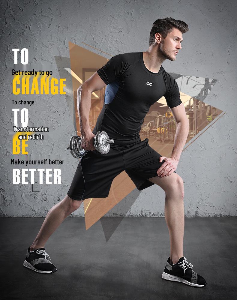 Мужской фитнес-костюм-пятерка черного цвета: Куртка, Короткий рукав, Футболка, Большой размер Спортивный костюм