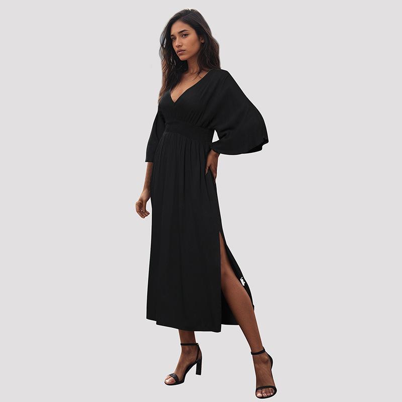 YYFS Women's Fashion Summer Spring Solid Color Print 1/2 Sleeves V-Neck High Waist Casual Dresses