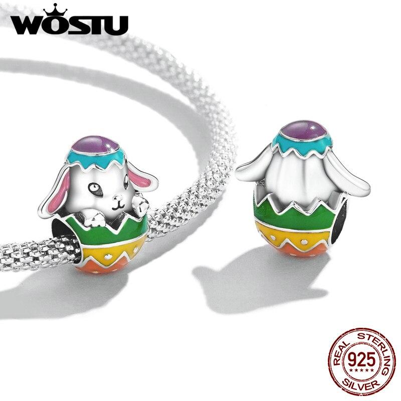 WOSTU Стерлингового серебра 925 пробы, животные, кролик, пасхальное яйцо, подвеска из бисера, подходит для оригинального браслета, ожерелья для женщин, ювелирные изделия