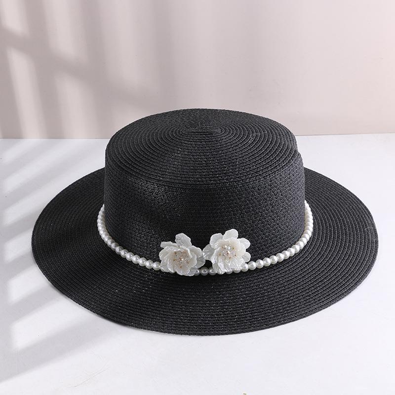 Summer Shade Face Shade Sun Hat Pearl Flower Hepburn Wind Beach Holiday Flat Top Straw Top Hat