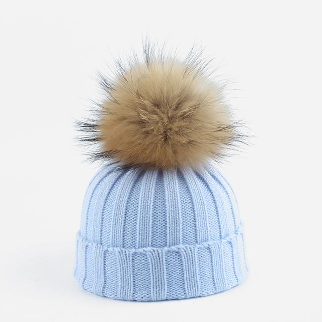 Зимняя детская шапка, теплые вязаные шапки для детей, шапка-бини из натурального меха с помпоном, однотонная детская шапка для девочек и мальчиков