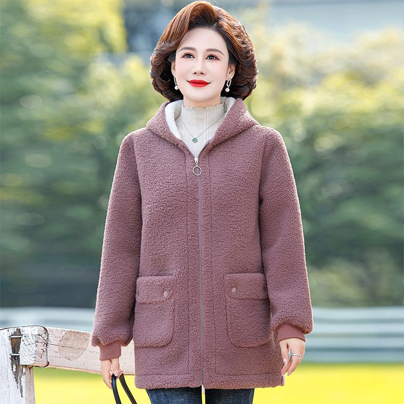 Зимнее пальто из овечьей шерсти для мамы, плюс бархатное утолщение, западный стиль, модное, для среднего и пожилого возраста, с капюшоном, из полар-флиса, хлопковое, женское