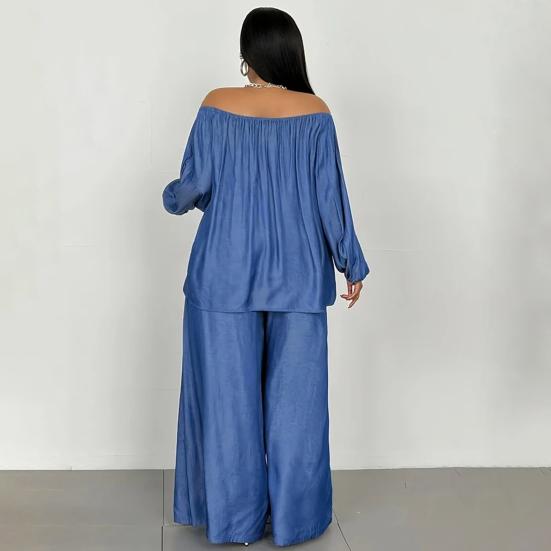 2 Piece Outfit for Women Off Shoulder Long Sleeve Top High Waisted Wide Leg Pants Set Casual Plus Size Going Out Lounge Set