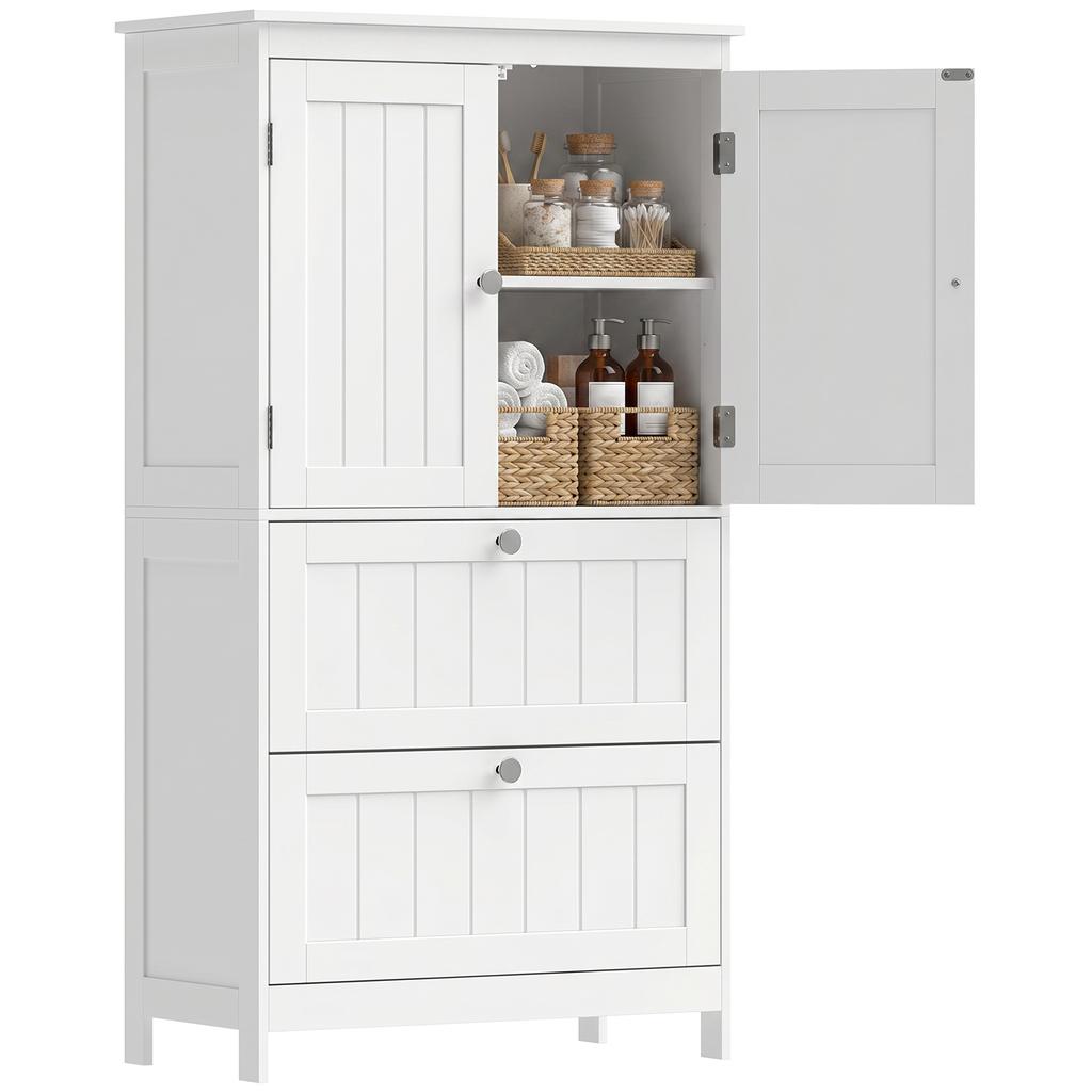 Bathroom Cabinet with 2 Drawers, Free-standing, with Adjustable Shelf and Doors in Slatted Look, White