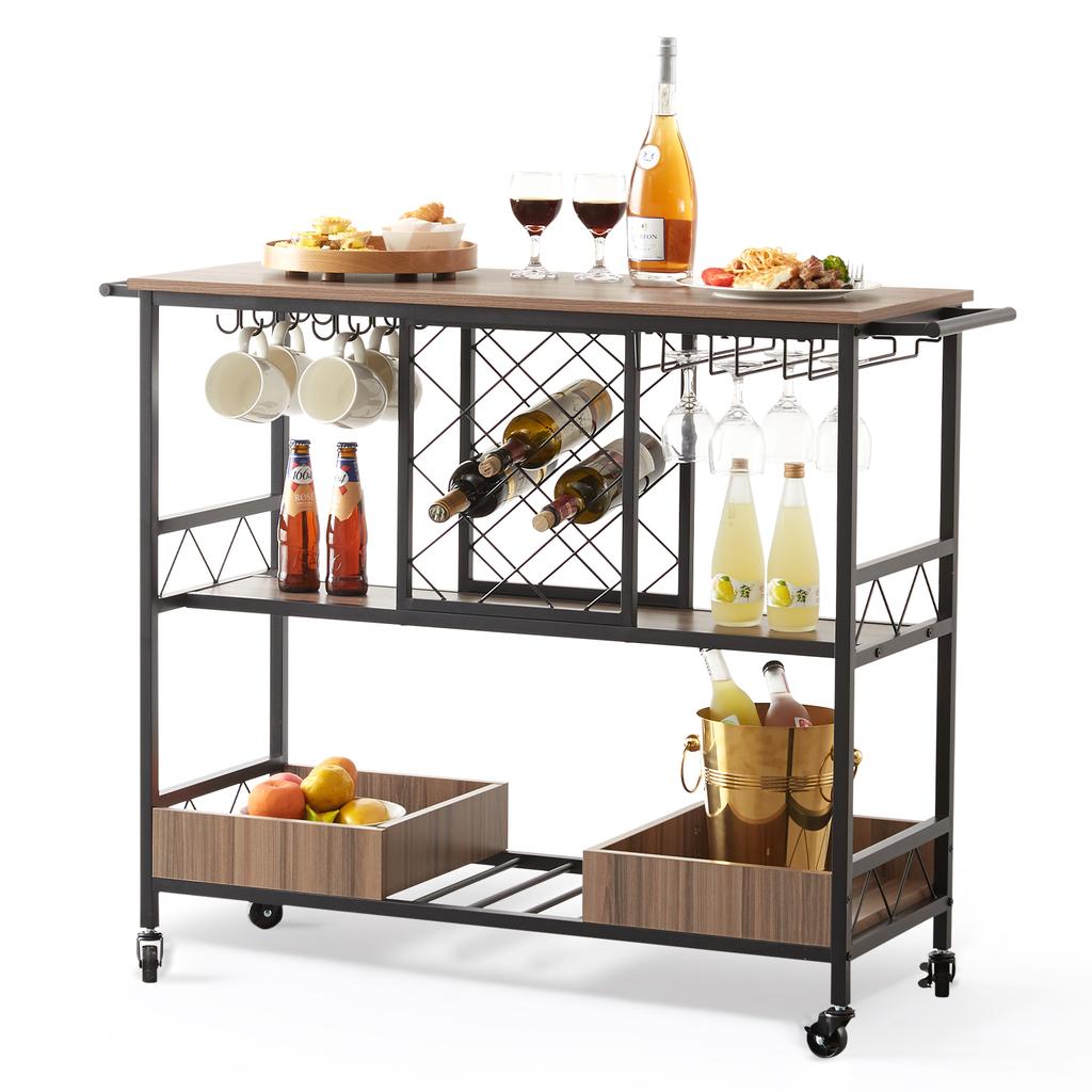 VEVOR 3-Tier Bar Wine Rack Cart Kitchen Food Truck On Wheels Vintage Mobile Serving Trolley w/MDF Board Steel Frame 110/300lbs