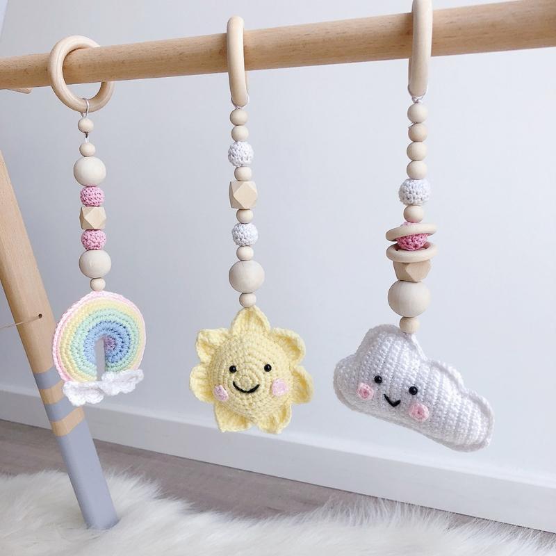 3 шт./набор детских подвесок для спортзала, вязаных крючком, погремушек в виде солнца, облака и радуги, деревянное кольцо