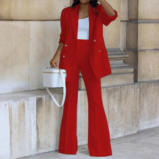 1 комплект, женский пиджак, брюки, сплошной цвет, широкие брюки, осень-зима, двубортный костюм с лацканами, комплект для офиса