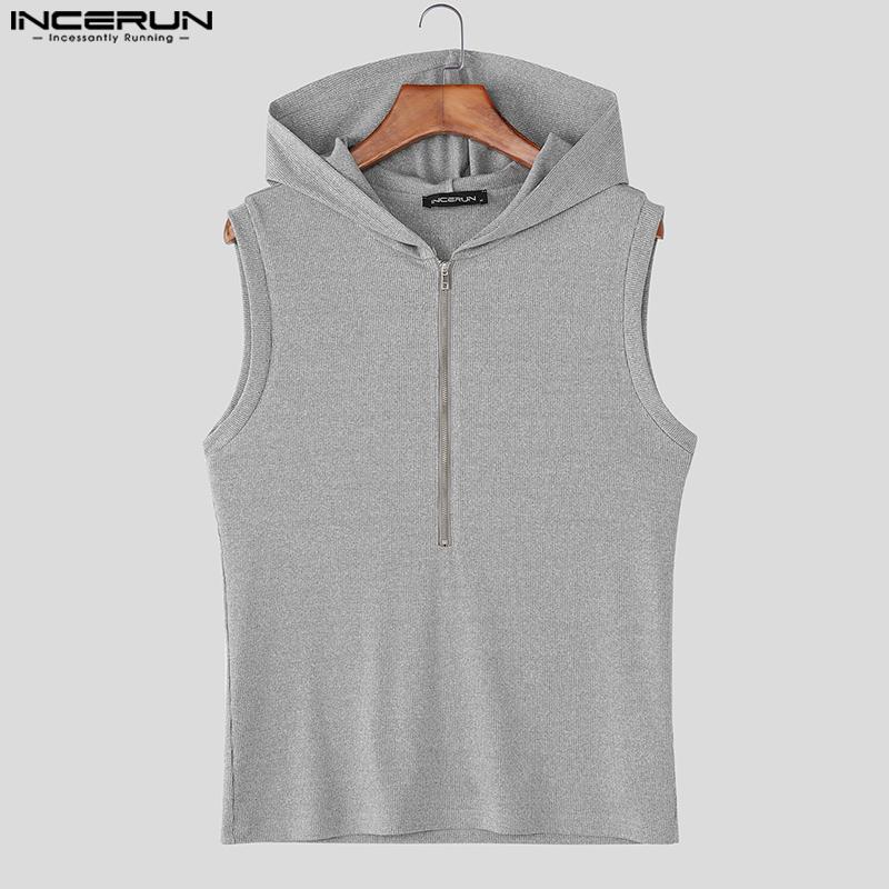 INCERUN Мужские безрукавные повседневные худи-майки в рубчик на молнии