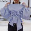 VONDA Женские винтажные рубашки с открытыми плечами и длинным рукавом в полоску с галстуком-фонариком