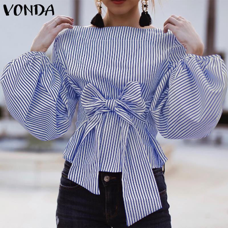 VONDA Женские винтажные рубашки с открытыми плечами и длинным рукавом в полоску с галстуком-фонариком