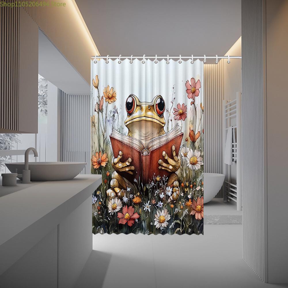 1 шт. Причудливая лягушка с книгой на лугу, акварельная шторка для душа, с антропоморфной лягушкой, держащей книгу в цветном