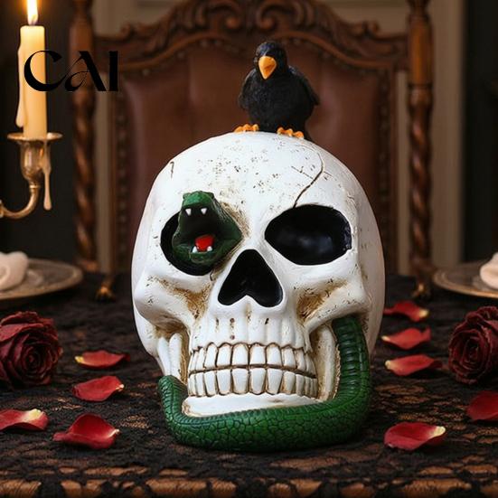 Artistic Skeleton Snake Ornament Gothic Raven Skull Statue Halloween Decoration, Resin Crow Perching On Collectible Figurine for Macabre Home