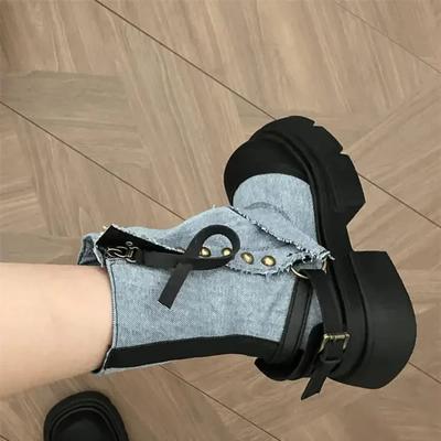 Модные ковбойские полусапоги для женщин с круглым носком, на каблуке, из денима, элегантные, до середины икры, для работы, из ПУ, весна 2024, гяру, Y2k