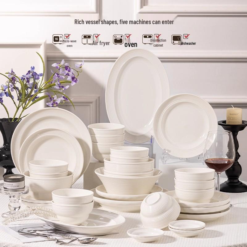 Ribbed Underglaze White Ceramic Tableware Set: Includes Plates, Chopsticks, Soup, Noodle, and Rice Bowls