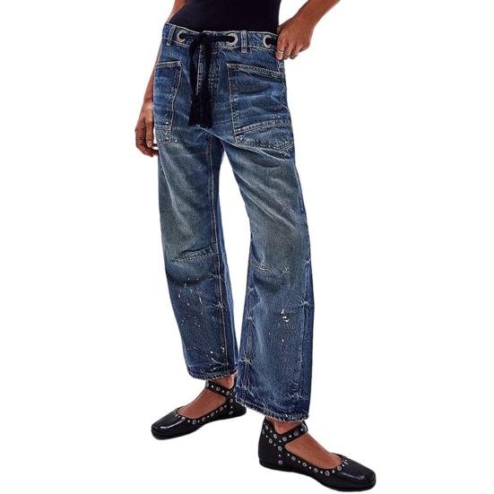 Women's Wide Leg Barrel Jeans Low Rise Drawstring Denim Ankle Pants Elastic