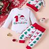 Baby Long Sleeve Bodysuit Reindeer & Tree Print Pants With Hat Outfit Set for Christmas