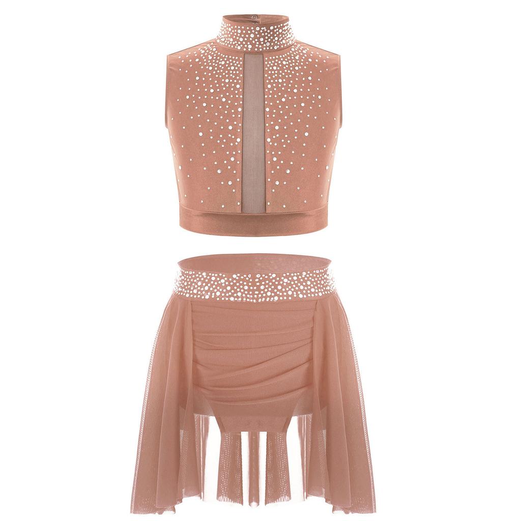 Girls Mock Neck Sleeveless Keyhole Back Rhinestones Crop Top Ruched Irregular Skirt